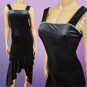 Vintage 90s Black Velvet Prom Cocktail Dress Size S Asymmetric Rhinestone Gothic